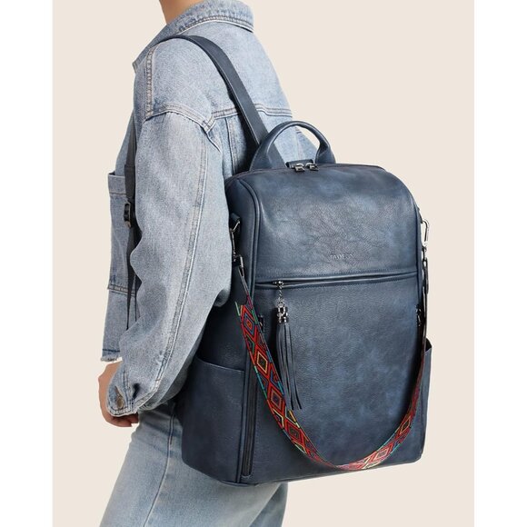 Women's Dusty Blue Retro Style Backpack Designer 15.6 inch PU Leather Laptop Bag - Picture 7 of 9